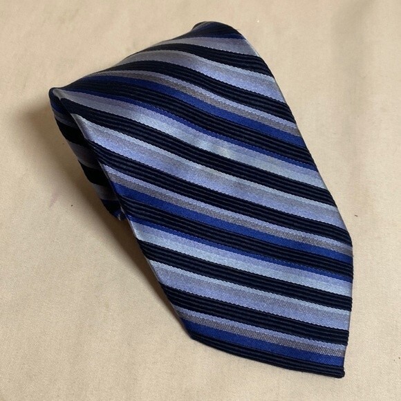 Screenplay by Martin Wong 100% silk neck tie suit satin blue black stipes - Picture 1 of 8